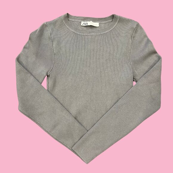 Zara Gray Crop Ribbed Long Sleeve Sweater Top Basics Women's Size Medium - Picture 1 of 5